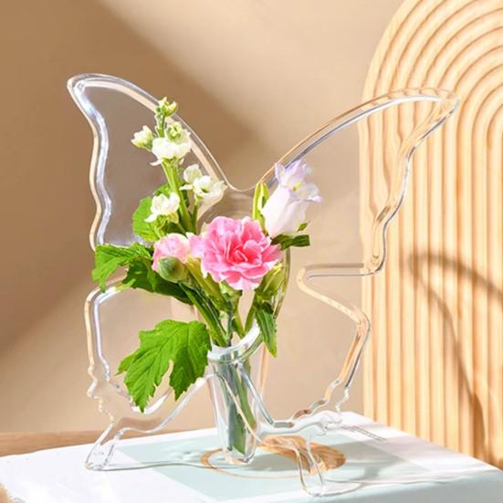 Vaso Decorativo Borboleta em Acrílico Transparente para Mesa de Desktop, Flores para Quarto, Casamento, Centro de Mesa