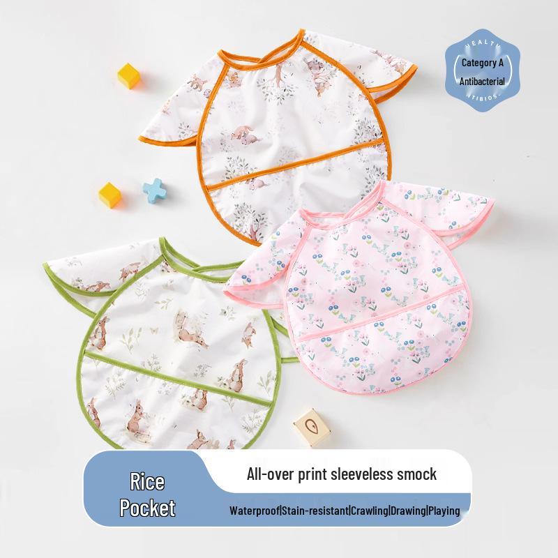 Reversible Waterproof Sleeveless Bib for Infants & Toddlers - Soft, Anti-Dirty Smock Apron with Food Pocket.