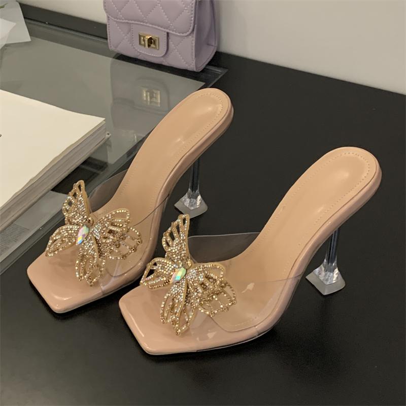 Fashion Eilyken 2025 Summer PVC Transparent Butterfly-knot Square Toe Woman Slippers Fashion Crystal High Heels Slide Shoes