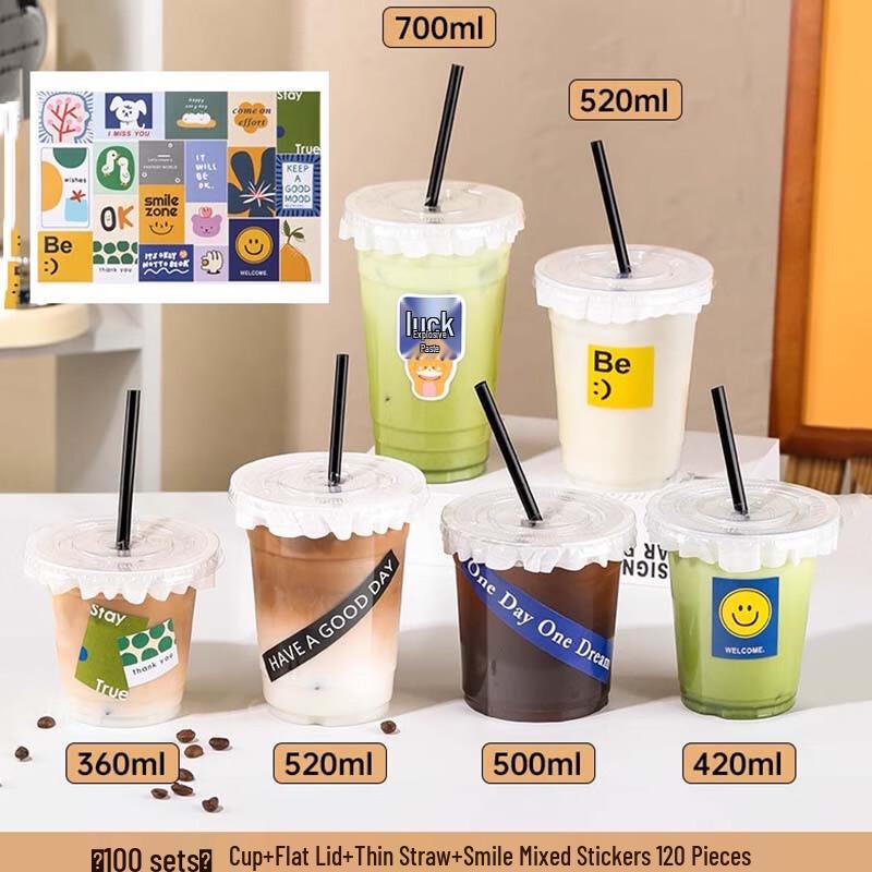 Disposable Milk Tea Cup Set with Smile Stickers