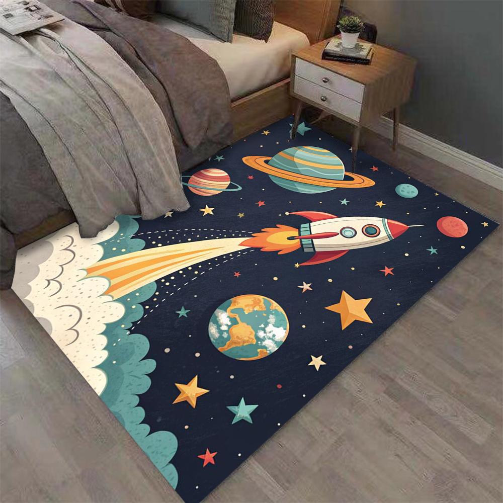 Space Rocket Planet Print Carpet Kids Bedroom Rug Exquisite Non-slip Soft Mat Galaxy Theme Home Decoration Living Room Floor Mat