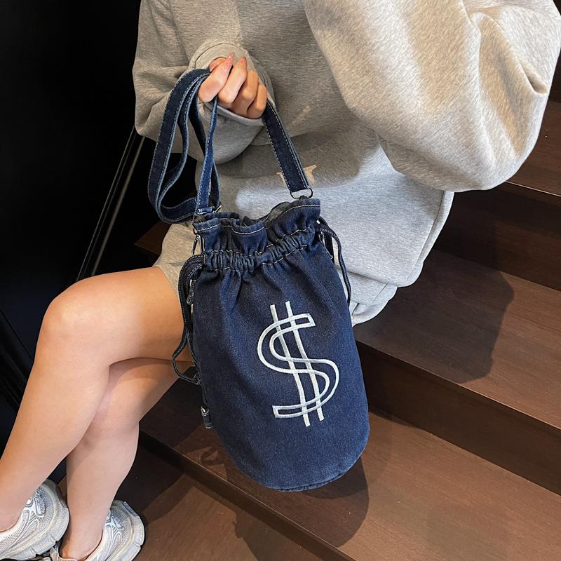 Embroidered Drawstring Bucket Bag Women's Denim Multi-Purpose Shoulder Bag