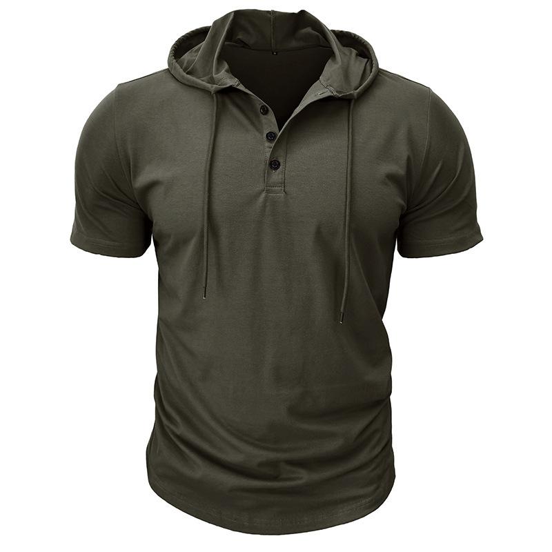 Men Green Short Sleeve Hooded Henley Neck Drawstring Casual Summer T Shirt