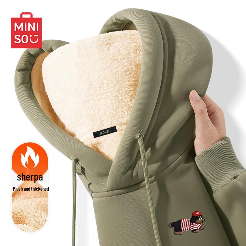 MINISO Men's Lamb Fleece Cartoon Dog Print Hooded Sweatshirt