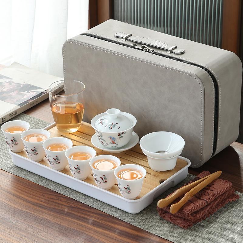 White Porcelain Tea Art Teaching Tea Set Travel Portable Bag Ceramic Kung Fu Tea Set Tea Artist Training Examination