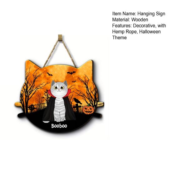 Yousheng Halloween Hanging Door Sign, Cute Cat Hanging Sign, Wooden Front Door Hanger with Hemp Rope for Porch Wall Indoor Home