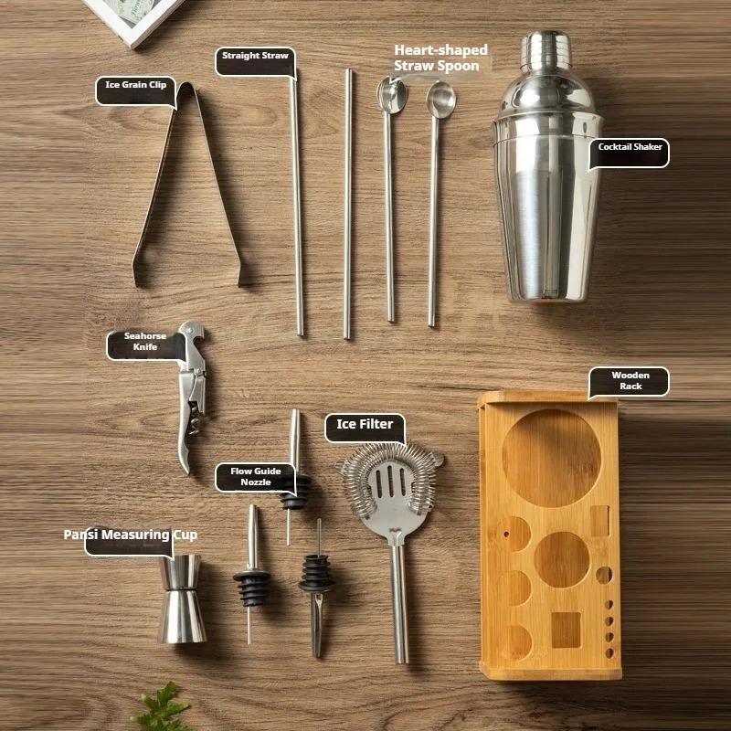 13-Piece Stainless Steel Cocktail Shaker Set with Stylish Bamboo Stand Complete Bar Tools Kit for Cocktail Mixing