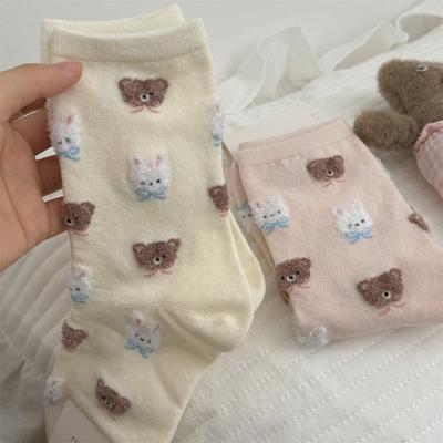 Cute Little Rabbit and Bear Mid-calf Socks, Girls' Cartoon Trendy Casual Cotton Socks, School Style Socks
