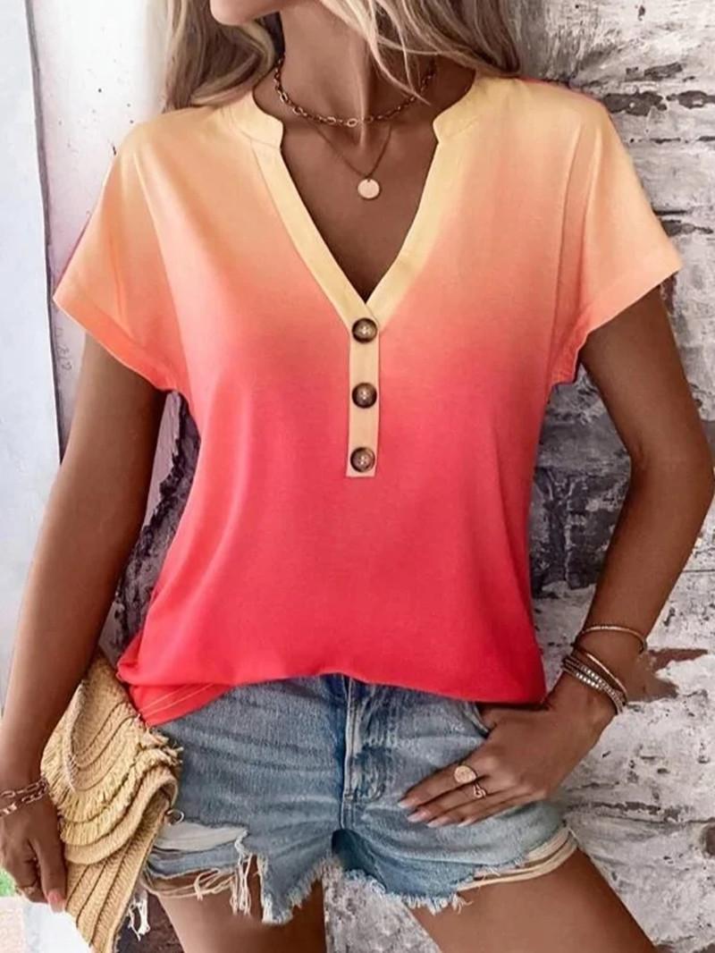 

Summer Women Fashion Tops Button V-Neck Short Sleeve Shirts Casual Loose Tie Dye T Shirt Ladies Plus Size Tunic S червоний