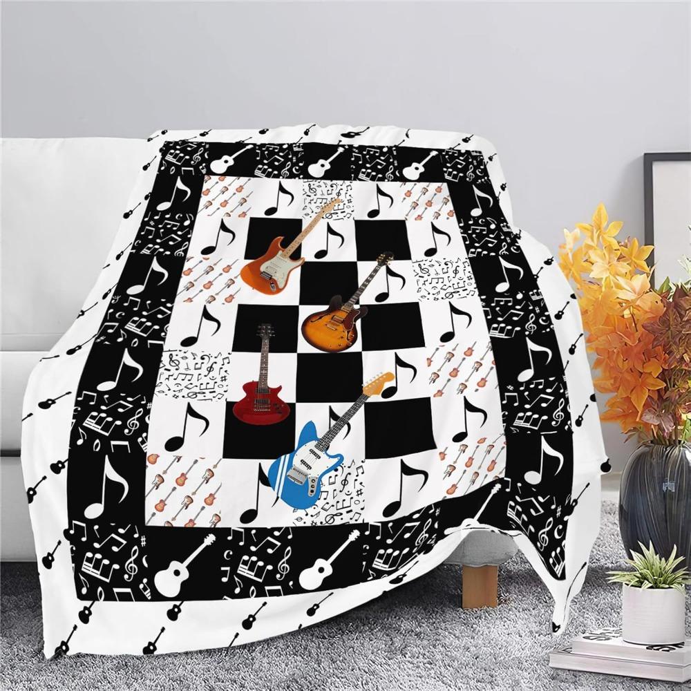 Cool Guitar Throw Blanket with Music Notes, Super Soft Cozy Plush Fuzzy Fleece Bedding Blanket Decor for Kids Girls Boys Adults