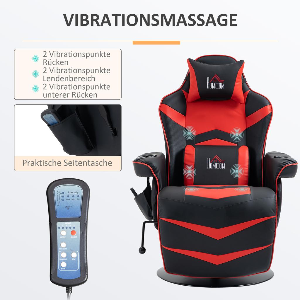Sedia da Gaming, Funzione Massaggio, Schienale Reclinabile, Poggiapiedi, fino a 120 kg, Telaio in Acciaio, Ecopelle, Rosso