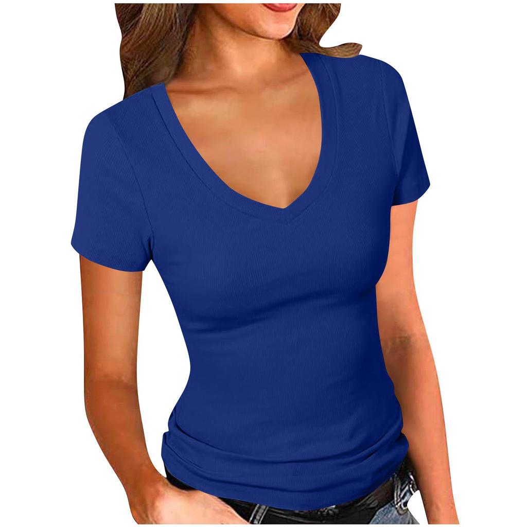 2026 Sommer Damen Elegantes V-Ausschnitt Slim Fit Einfarbiges Kurzarm T-Shirt