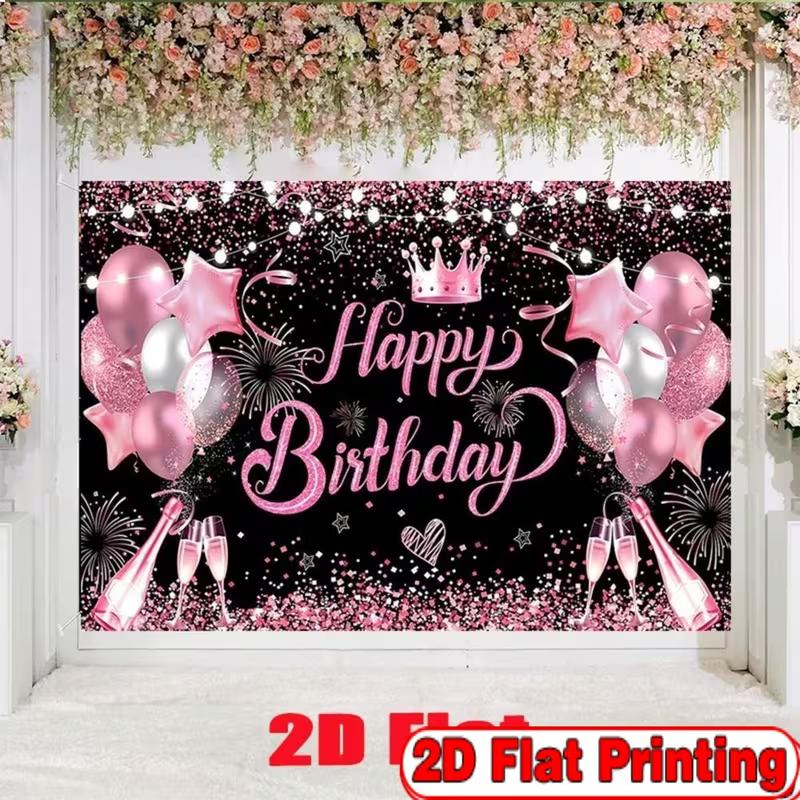 2D Pink Black Birthday Photography Background, Happy Birthday with Champagne and Star Decor Banner