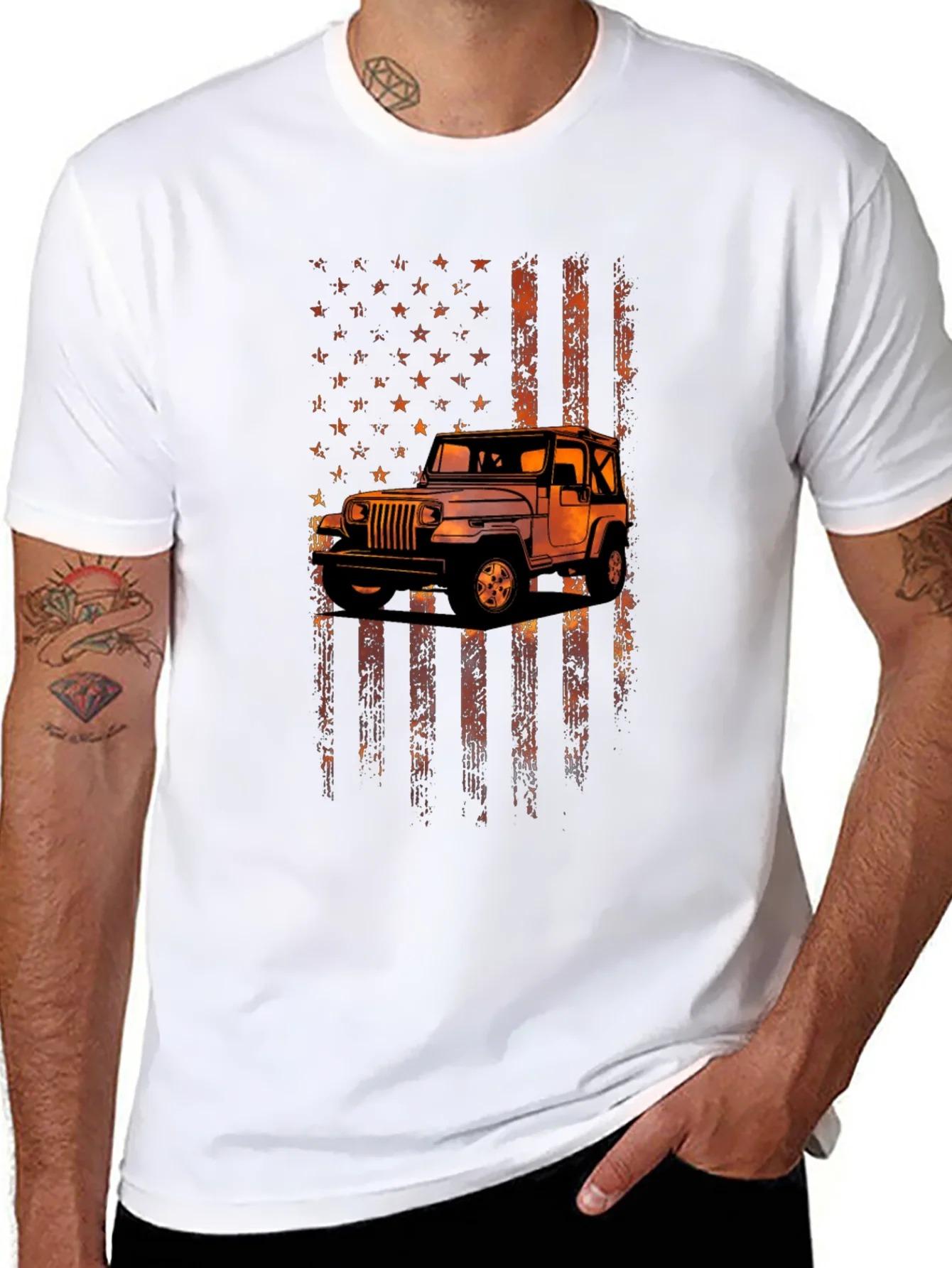 

American Flag Jeep Graphic Men s T-Shirt Short Sleeve Cotton Tees Summer Shirt Oversize T-shirt Y2k Tops Men Clothing Streetwear 4XL