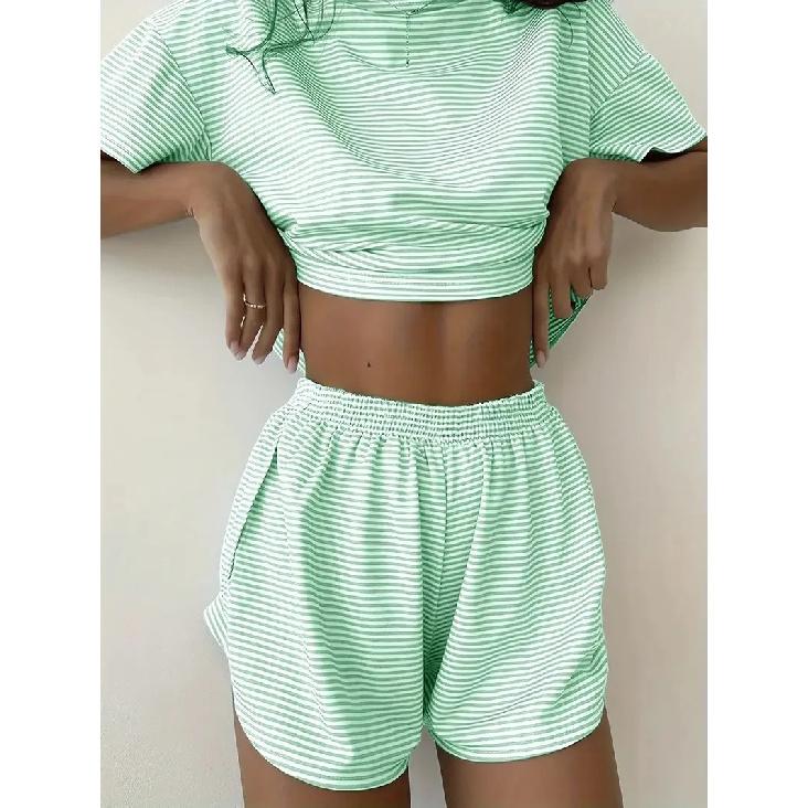 2026 New women's striped pajama set summer short sleeved T-shirt and shorts 2-piece set home wear casual loose round neck pajama