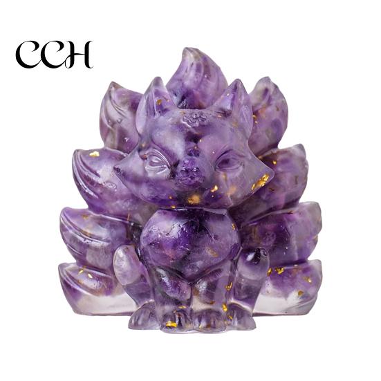 Nine-tailed Fox Ornament Natural Stone Foxes Figurine Positive Healing Energy Hand-carved Colorful Faux Collectible Toy Crystal Sitting Animal Statue