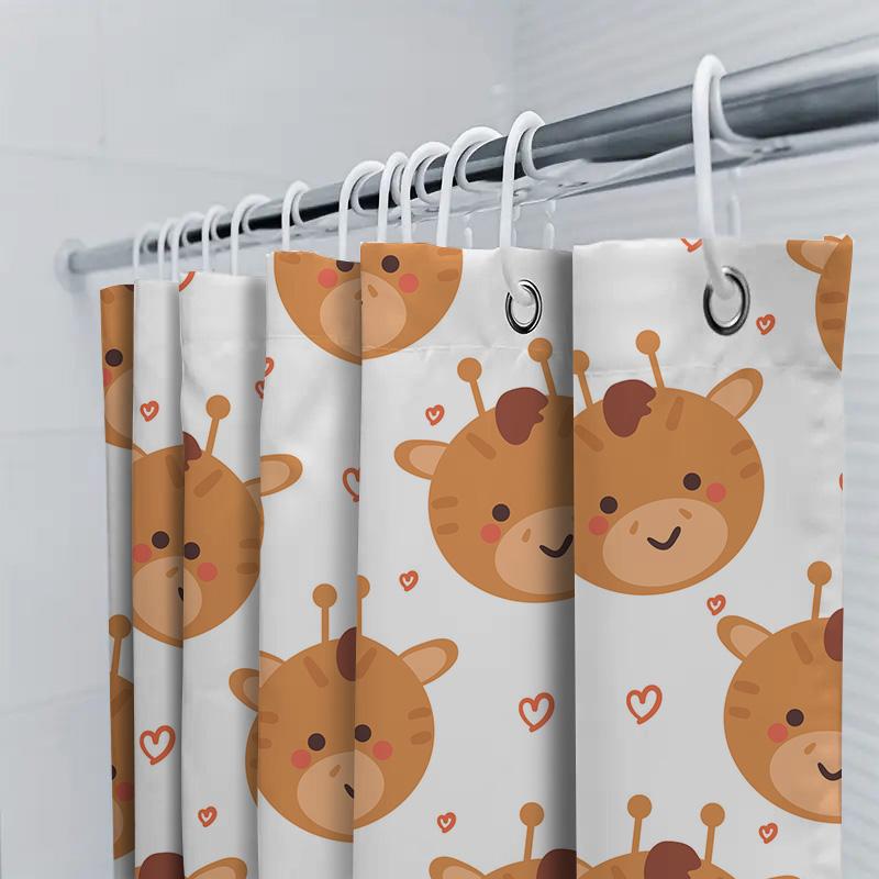 Cute Cartoon Giraffe Shower Curtain For Children'S Bathroom Decor White Background With Red Hearts Pattern Made In China (White)