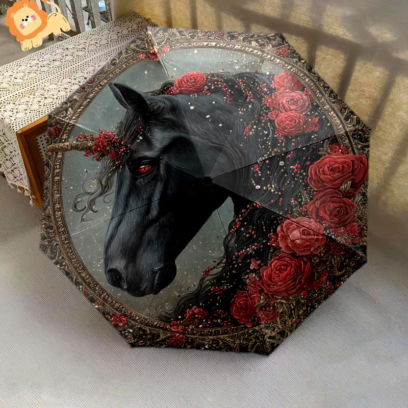 1 PC Automatic Folding Umbrella - Black Horse Pattern, Portable & Foldable Design with 8 Ribs, Christmas Birthday Gifts
