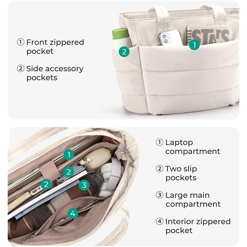 Puffer Tote Bag for Women, Lightweight Shoulder Handbag with Laptop Compartment & Multiple Pockets, Fashion Work Bag
