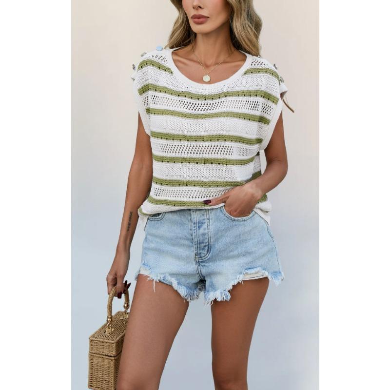 Spring and Summer Contrast Striped Casual Loose Knitted Sweater Tops for Women