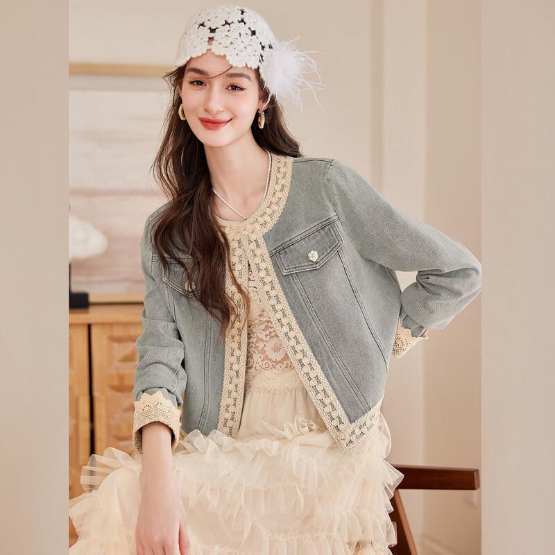 White Deer Language Women s Color-block Lace Denim Jacket M