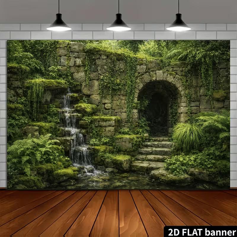 Overgrown Garden Banner with Mossy Arches and Clear Pool Photo Booth Background Cloth