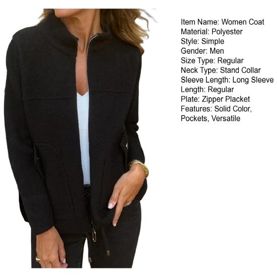 Women Jacket Stand Collar Long Sleeve Woolen Coat with Pockets Solid Color Warm Lightweight Coat Daily Wear