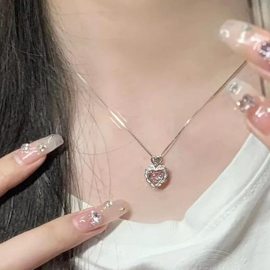 Women Necklace Pink Rhinestone Heart Pendant Adjustable Length Clavicle Necklace Valentines Day Anniversary Gift Wedding