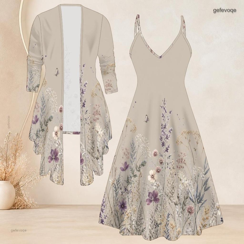 Women Plus Size Two Piece Ensemble Long Sleeve Cardigan Cami Maxi Dress