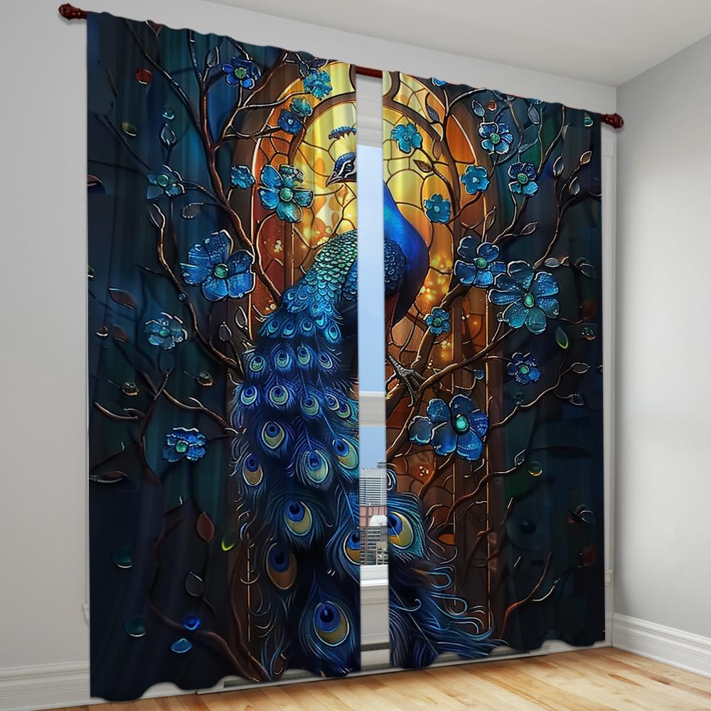Zestaw 2 zasłon z wzorem pawia, kieszeń na drążek, łatwe wieszanie, idealne do wystroju sypialni i salonu, można prać w pralce