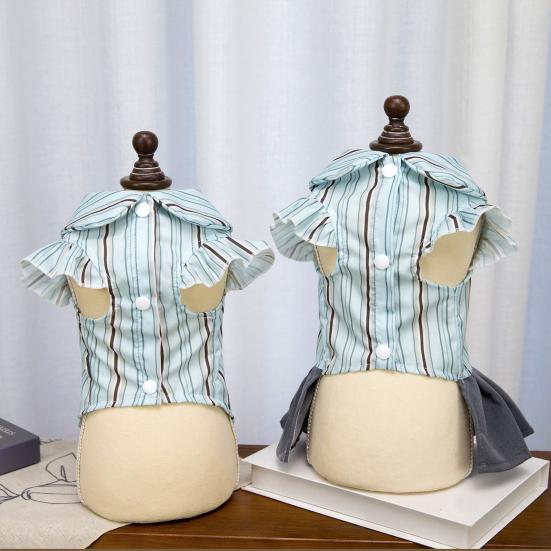 Pet Preppy Dress Shirt Summer Puppy Fly Sleeves Embroidered Badge Tie Striped Dress Top Breathable Pet Costume Outfit Apparel for Small Dogs Cats