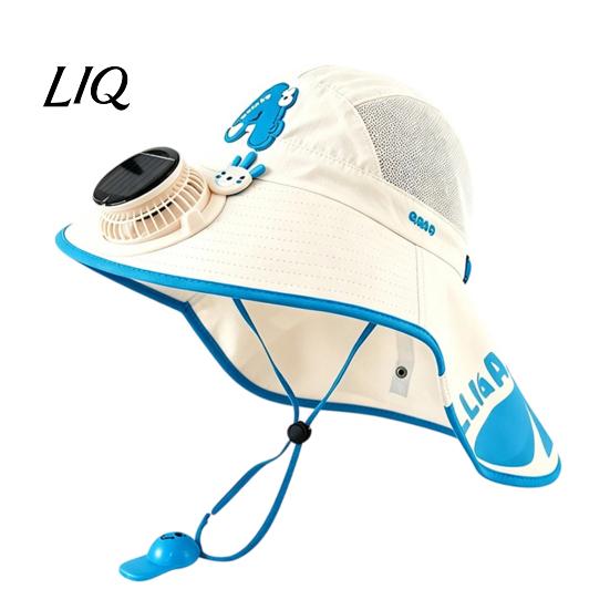 Toddler Sun Protection Hat Kids Cap with Built-in Solar Fan, Wide Brim Cooling Fan Hat, Breathable Mesh Fabric Summer Cartoon Pattern, Shawl Design