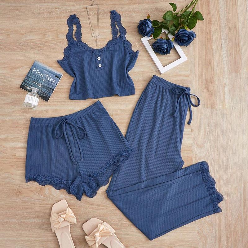 Women's Summer 3PCS Pajama Sets Solid Vest Shorts and Pants Paired with Lace Splicing for Homewear Sexy Sleepwear Sets