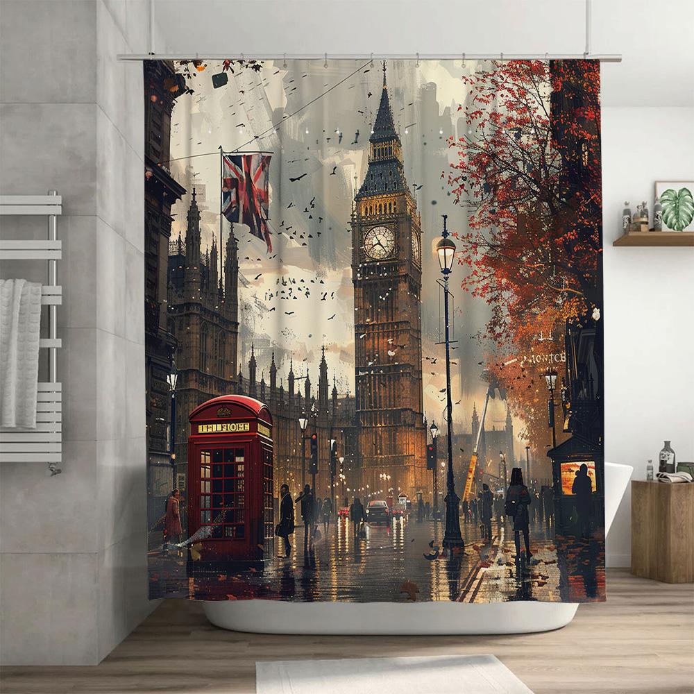 Wunderschöner Stadtlandschaft Duschvorhang mit ikonischen Londoner Wahrzeichen wie Big Ben Hochauflösender Druck Badezimmerdekor mit Haken