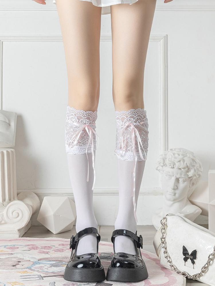 Damen Lolita Samt Ballett Weiß Transparent JK Lange Überknie Socken Niedlich Japanischer Stil Spitze Besatz Schleife Schleifenband Oberschenkelhohe Strümpfe One Size gray