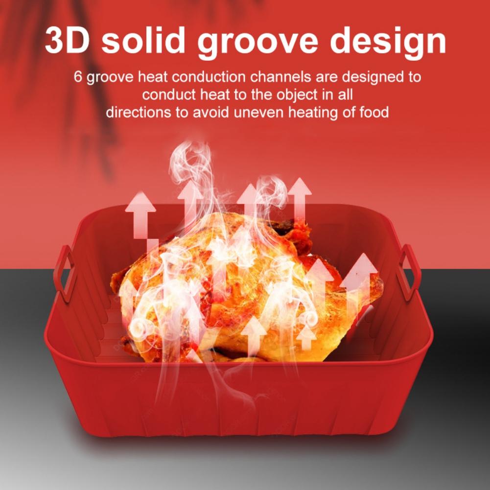 Silikon-Luftfritteusenkorb, quadratische Luftfritteusen-Silikoneinlagen, leicht zu reinigende Luftfritteusenpfanne mit tragbarem Griff, wiederverwendbares Kochen