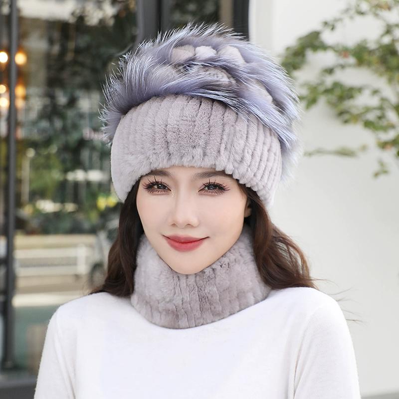 Fur Rex Rabbit Hair Hat Women's Winter Neck Cover Two-piece Warm Korean Version Fashion Beautiful Mom Snow Hat Travel