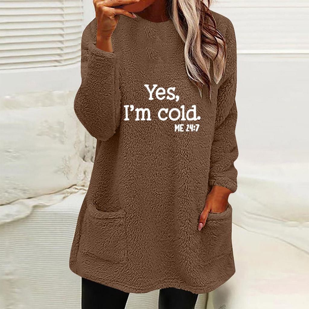 Women's Embroidered Letter Plush Hoodie - Round Neck, Loose Fit, Long Sleeve, with Pockets for Autumn/Winter