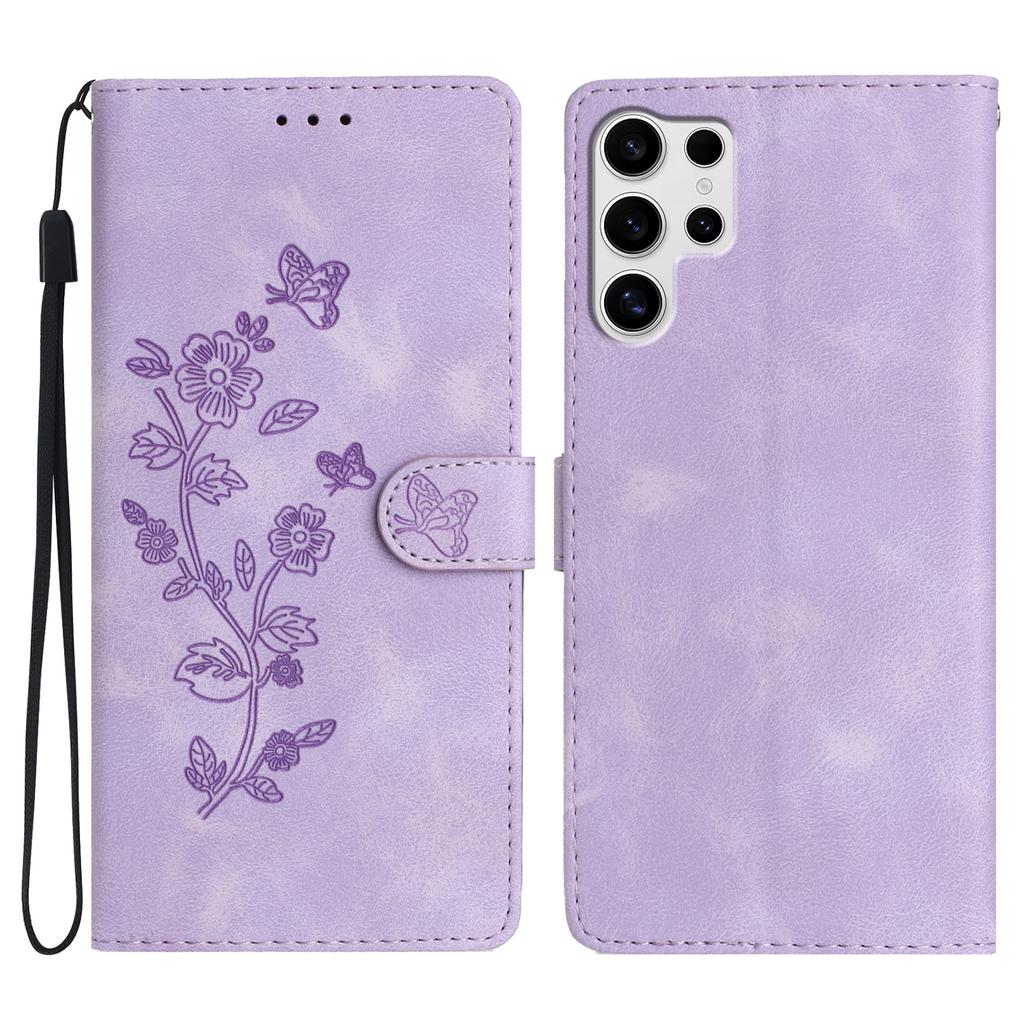 For Samsung Galaxy S25 Ultra Case Leather Imprinted Flower Phone Cover Wallet with Wrist Strap