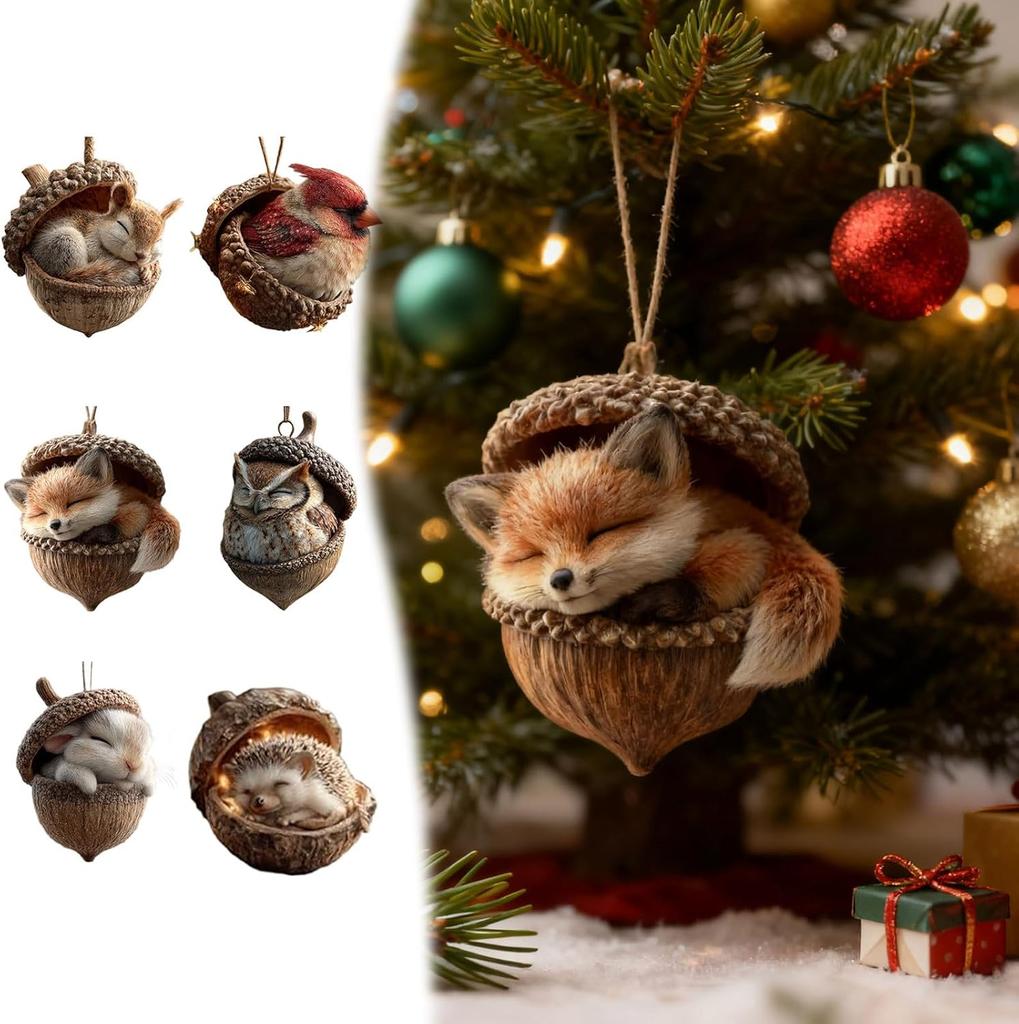 6pcs Forest Animal Acorn Ornaments – Cozy Forest Christmas Ornaments, 2D Acrylic Pine Cone Hanging Ornament Home Party Décor
