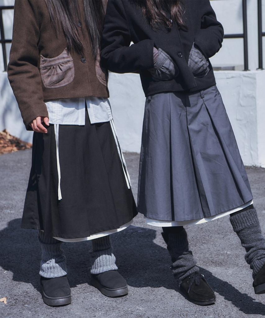 Place Studio Two-Belt Low-Rise Detachable Pleated Double Layered Midi Skirt_2 Colors