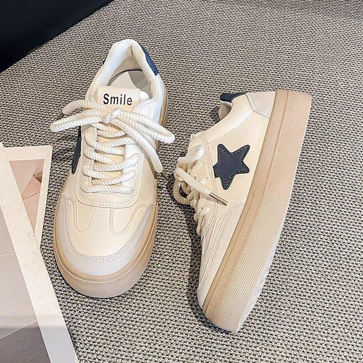 Fall New White Shoes Women's Leather Muffin Soft Bottom Star Pattern Sneakers Simple Casual Sneaker Women's