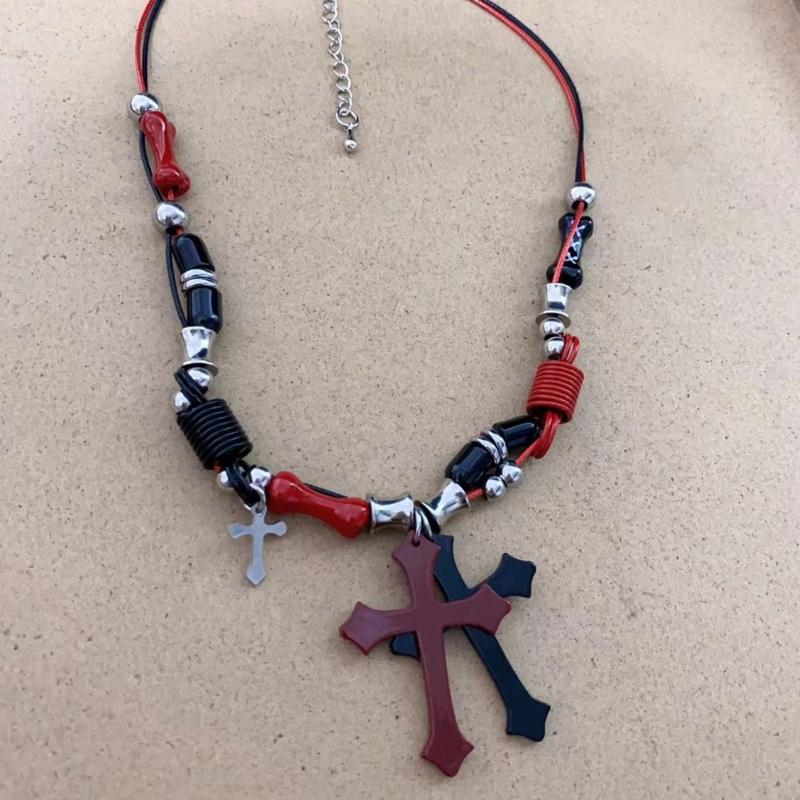 Subculture Rock Beaded Necklace Niche Retro Black Red Crossed Pendant Bead Acrylic Necklace Summer Bead Necklace Jewelry
