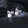 Metal Rhinestone Bow Faux Pearl Stud Earrings Women's New Luxury Elegant Design Zircon Party Accessories