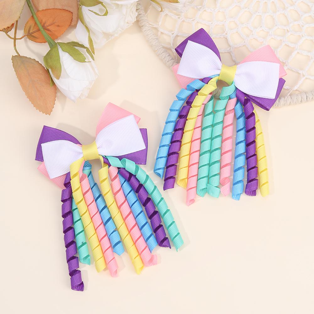 

2Pcs Curly Ribbon Hair Clips For Girls Sweet Cute Colorful Tassel Bow Barrette Ponytail Hairpins Children Headdress Accessories
