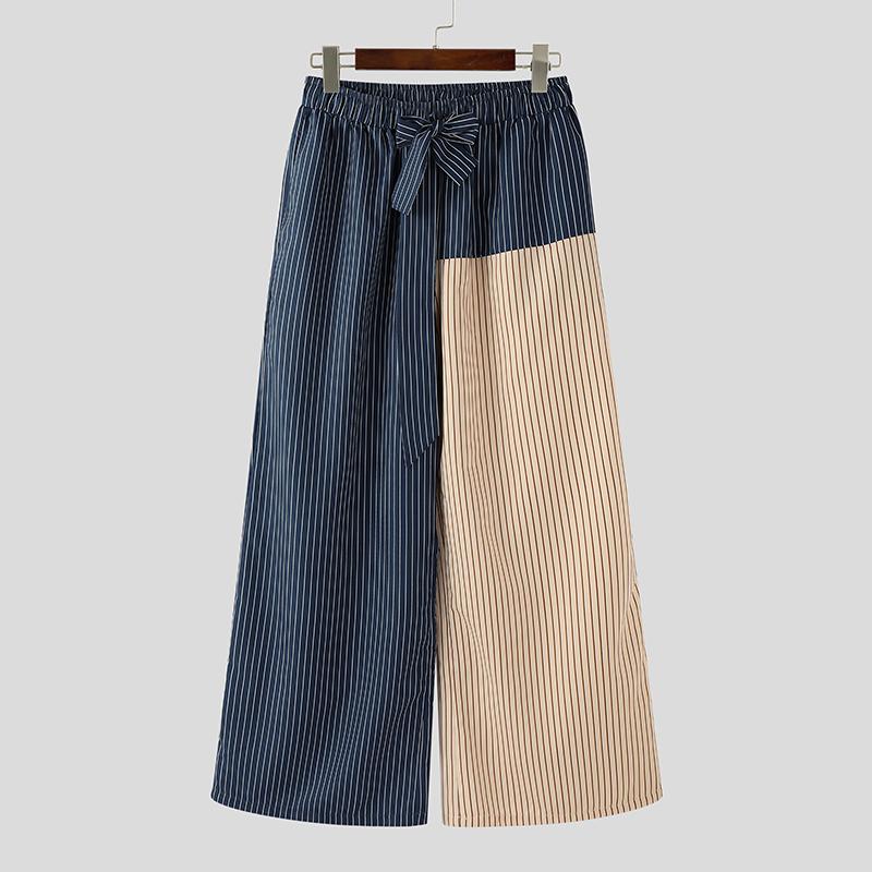 

INCERUN Men Elastic Waist Bow Knot Striped Stitching Casual Long Wide Legs Pants 4XL темно-синий