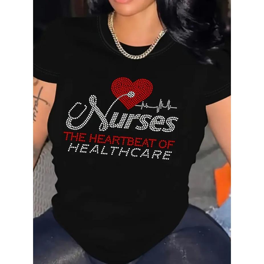 3D Print Round Neck Short Sleeved T-shirt for Women Cup Black Letters Tees Breathable Polyester Stretch Comfortable for Everyday