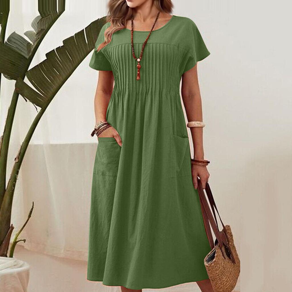 Women's Solid Color Round Neck Pocket Pleated Short Sleeve Cotton Linen Dress