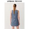 UR 2025 Summer Retro Rhinestone U-Neck Denim Dress