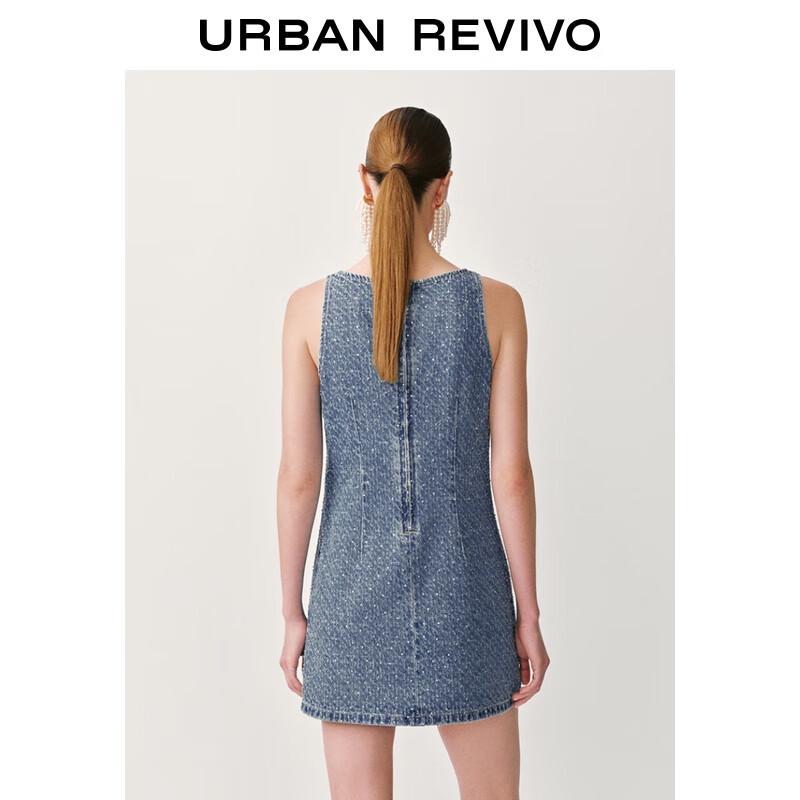 UR 2025 Summer Retro Rhinestone U-Neck Denim Dress